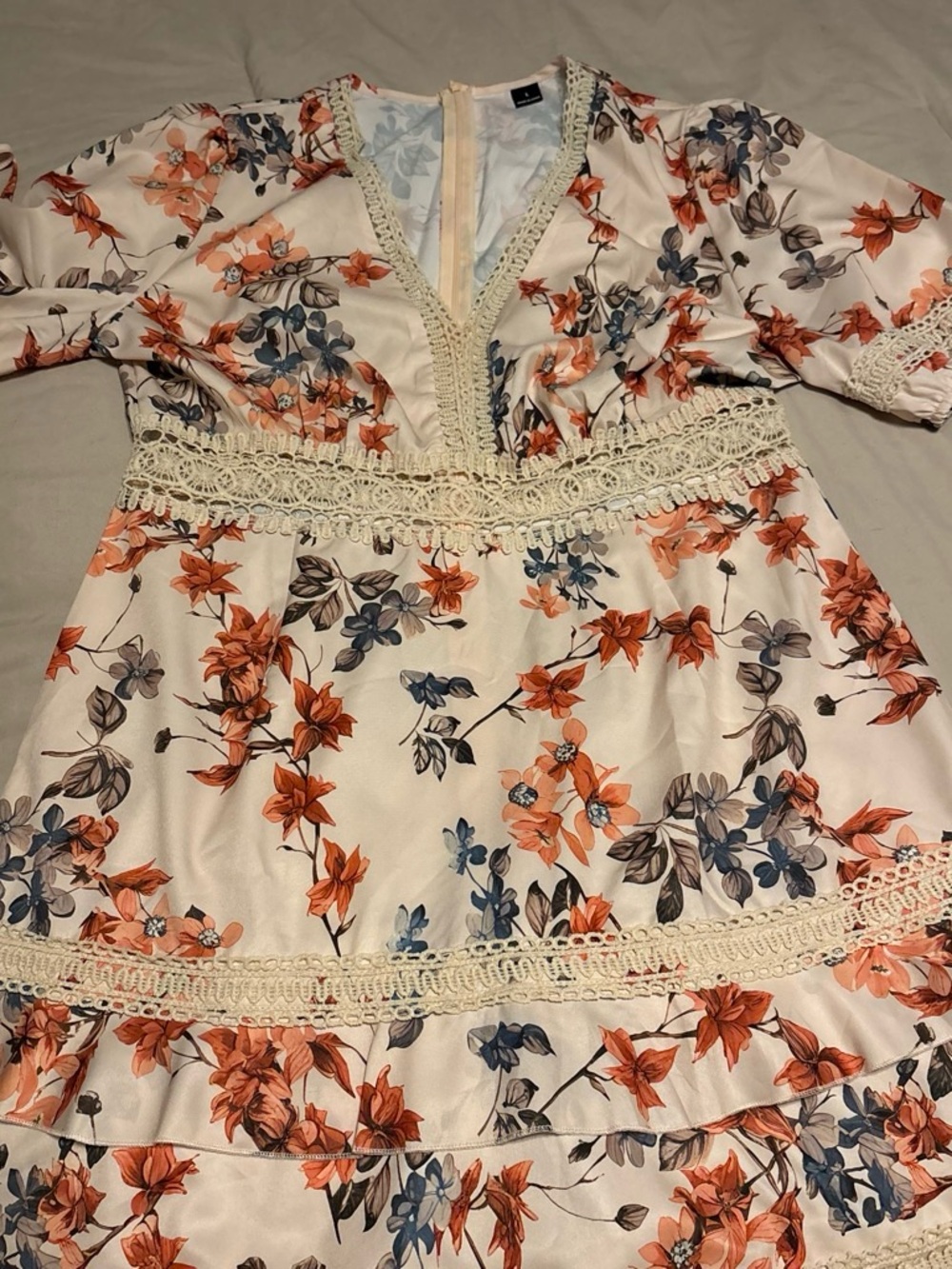 Floral Lace-Trim Dress in Cream and Orange